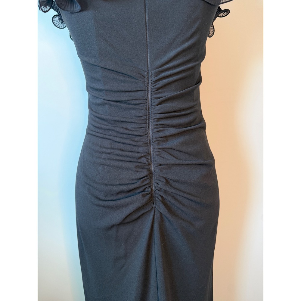 Xscape Womens 6 Black Pleated Ruffle Neck Gown Ruched Maxi Dress Formal Slit - Picture 9 of 16